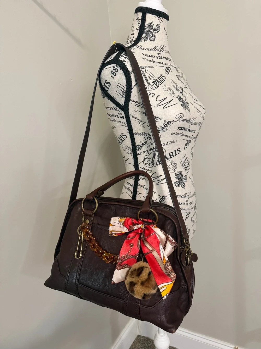 Frye Melissa Domed Satchel Dark Brown Leather with Red Accent Scarf & Charms